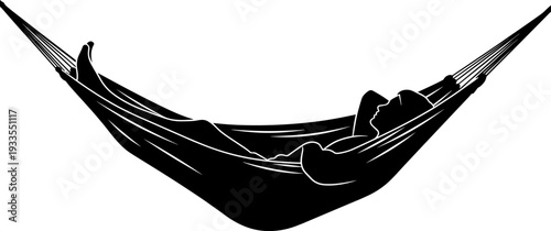 Person relaxing in hammock silhouette, peaceful leisure and outdoor rest concept, calm lifestyle scene, black vector illustration isolated on white background