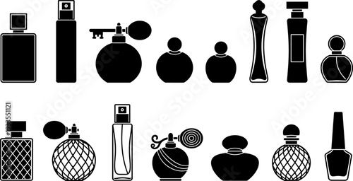 Perfume bottle silhouette vector illustration set, cosmetic fragrance containers collection, black beauty packaging icons for luxury branding, cosmetics design, packaging, decor