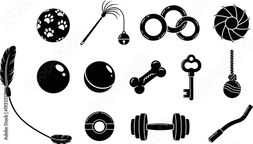 Pet toy silhouettes collection, dog and cat play accessories set, black vector illustration of animal toys isolated on white background for design use