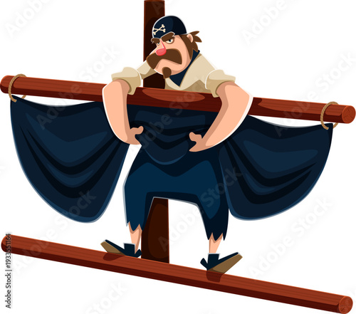 Brave pirate corsair cartoon character in black bandana climbs the mast to adjust the black sail of pirate ship. Active vector skipper personage with mustache, shirt, and pants for nautical games