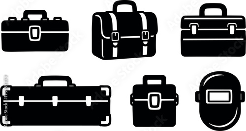 Flat design black toolbox and welding mask icons set top view and three quarter angle tool bag silhouettes bold minimal