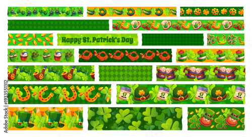 Green washi tape adhesive pieces with St Patrick day characters. Cartoon vector festive decorative strips feature clovers, gold coins, beer mugs, leprechaun hats, sweets, horseshoes and smoking pipes