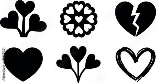 Flat design icon set six heart silhouettes valentines day broken heart floral heart cluster hand drawn brush heart black vector