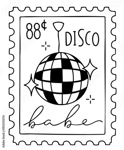 Disco Ball Vintage Postage Stamp, 80s Babe Party Graphic with Retro Mirror Ball