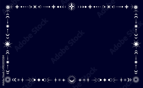 Mystic esoteric celestial frame with sun, moon and stars in golden border, vector background. Mystic frame with celestial planets for Tarot cards, esoteric astrology and occult witchcraft magic