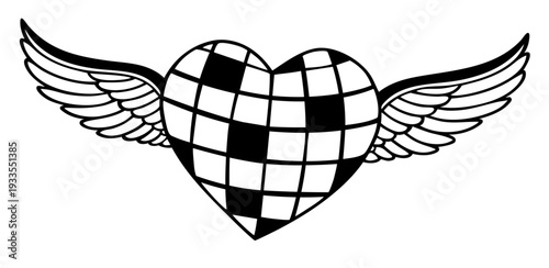 Disco Ball Heart with Wings, Retro 70s Mirror Ball Love in Glamorous Night Party Aesthetic
