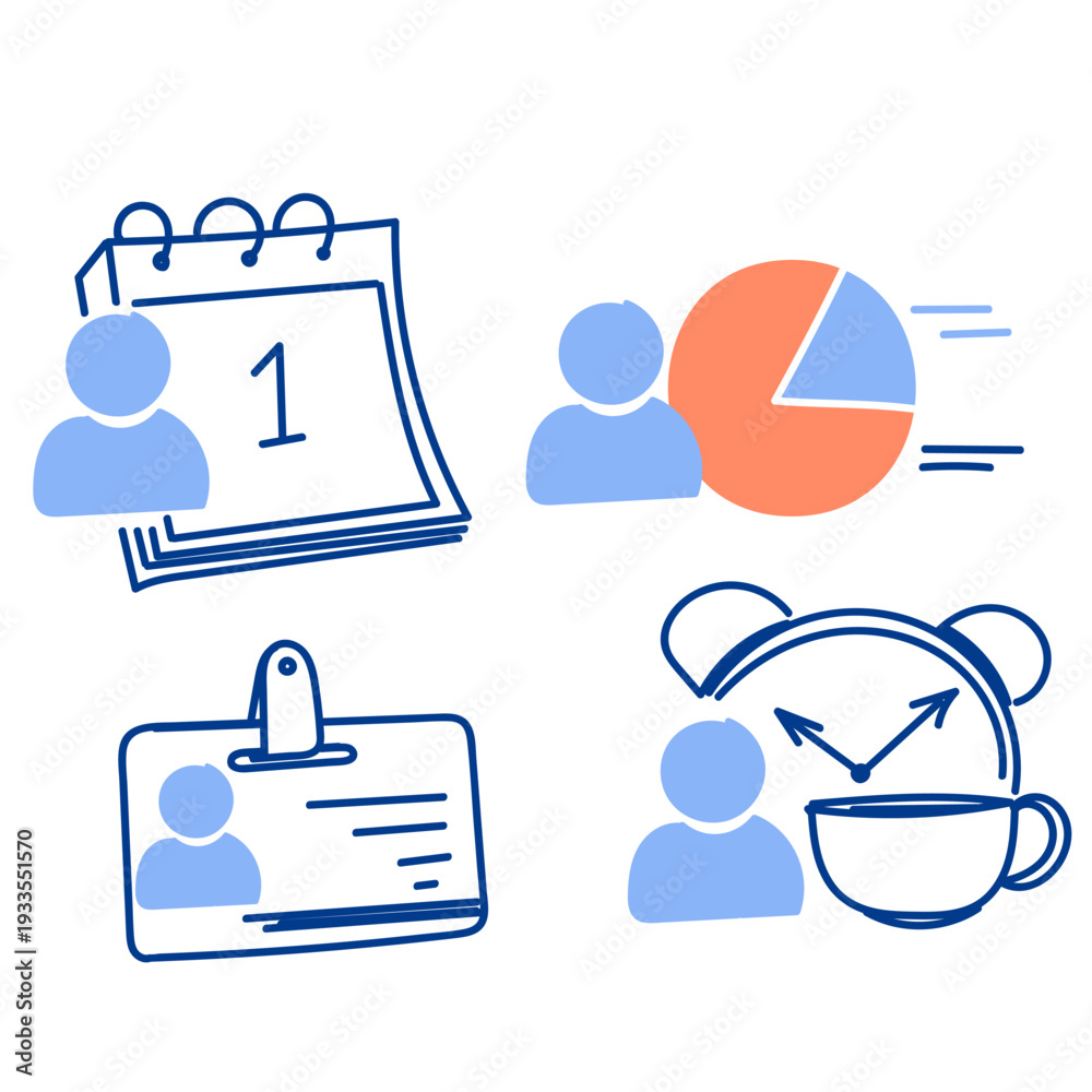 Obraz premium Cute sketchy office routine and productivity icons collection. Human resources, daily schedule, and work concept elements in pastel colors