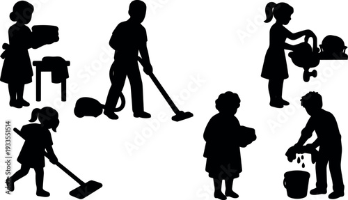 Flat design silhouette set showing children and adults performing household cleaning chores vacuuming mopping washing dishes folding laundry carrying towels