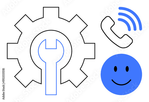 Customer support concept. Customer support icons tools, phone, and happy face to communication and assistance. Customer support for service management, repair systems, communication apps, user