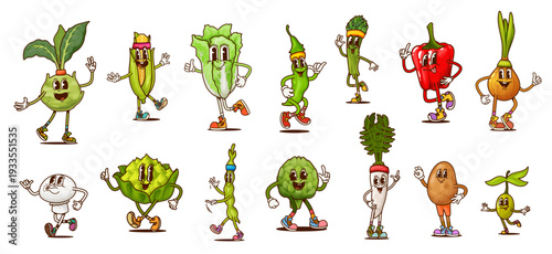 Groovy vegetable characters on fitness sport, vector retro food. Cartoon vintage groovy broccoli, pepper and corn with cute smiles, hippie bean, funny olive and potato vegetables doing sport exercises
