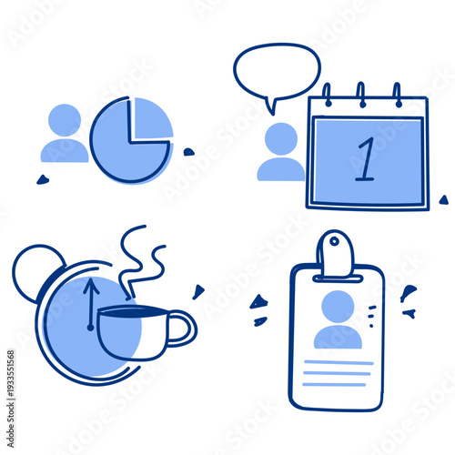 Cute sketchy office routine and productivity icons collection. Human resources, daily schedule, and work concept elements in pastel colors