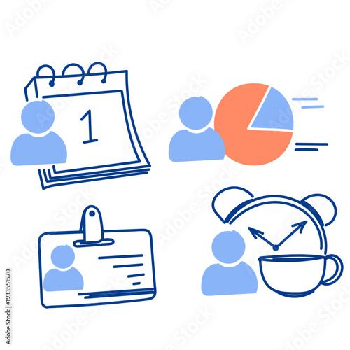 Cute sketchy office routine and productivity icons collection. Human resources, daily schedule, and work concept elements in pastel colors