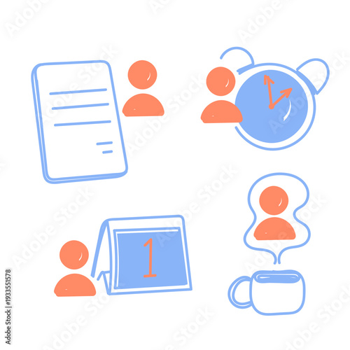 Cute sketchy office routine and productivity icons collection. Human resources, daily schedule, and work concept elements in pastel colors