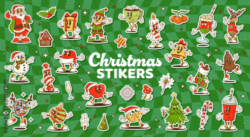 Groovy Christmas characters stickers of Santa, elf and snowman. Cartoon groovy Xmas tree, reindeer, heart and star, gingerbread cookie, hot drink, Christmas lights and gifts retro y2k stickers set