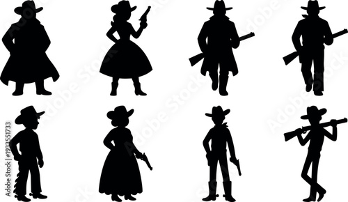 Silhouette vector cowboy and cowgirl figures with revolver and rifle walking and posing in western hat and boots bold black