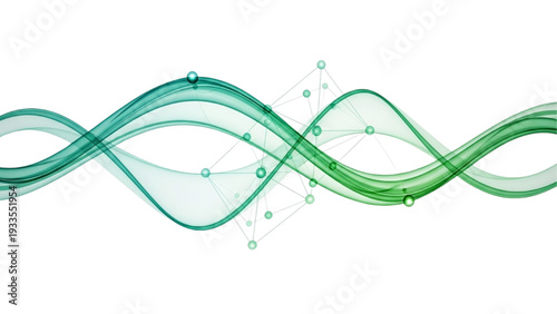 Abstract green and teal wavy lines with connecting dots and nodes on a white background