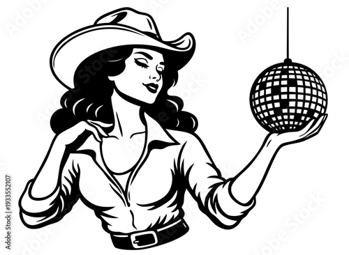 Vintage Western Cowgirl Pinup Portrait Holding Disco Ball, 1970s American Retro Lady in Cowboy Hat and Fitted Shirt, Glamour Rodeo Party