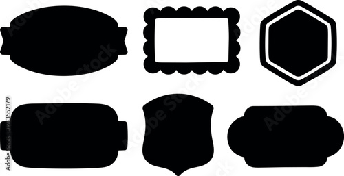 Flat design set of six blank badge and label silhouettes front view simple black shapes on white background closeup minimal