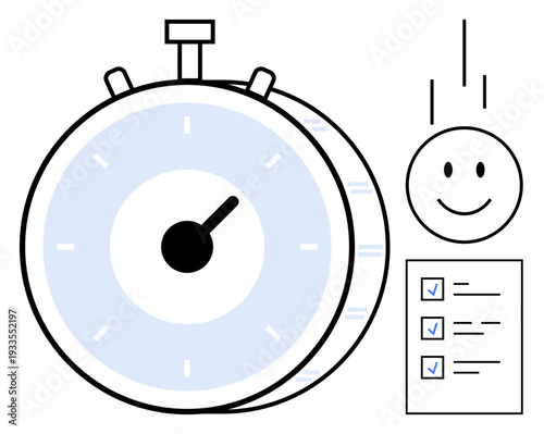 Time management. Stopwatch timing and tracking tasks with a checklist for better productivity. Time management tools enhance efficiency and task organization. Perfect for workflow strategies