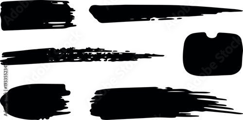 Minimalist brush stroke vector set six black ink strokes isolated on white background grunge texture flat design editable scalable modern