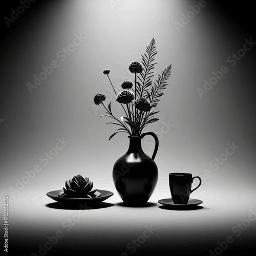 Black Vase with Wildflowers and Tableware.
