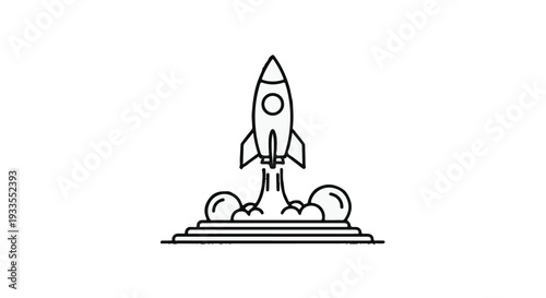 Rocket ship launching into space with smoke and flames on launchpad in black and white line art style