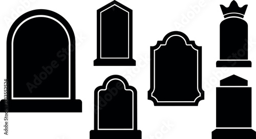 Flat design front view tomb stone and head stone silhouettes six variations cemetery memorial icons black on white ornate shapes simple bases