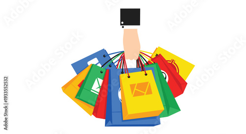 A human hand firmly grasps a large overflowing collection of diverse colorful shopping bags, filled with purchases, against a clean white background.
