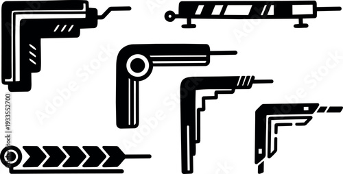 Flat design close up six black corner drill bit silhouettes isolated on white background technical tool icons low contrast vector