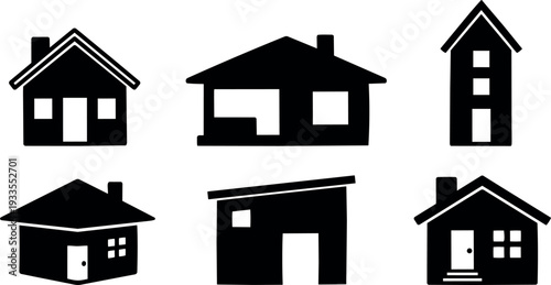 Flat design front view of six minimalist house icons with chimneys windows and doors arranged in two rows on white