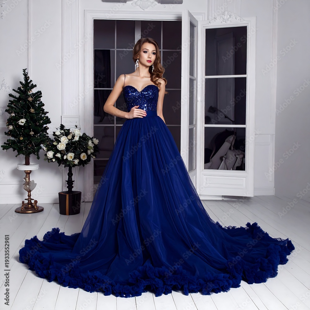 Fototapeta premium A woman poses elegantly indoors, wearing a flowing, deep blue evening gown. The dress cascades to the floor, creating a dramatic effect