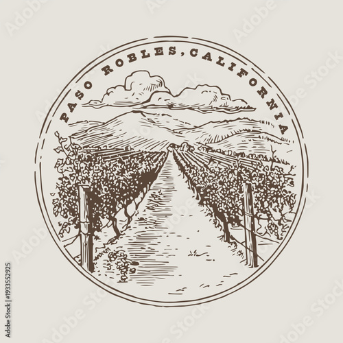 Vintage Paso Robles California badge featuring rolling golden oak hills and historic wine country vineyards