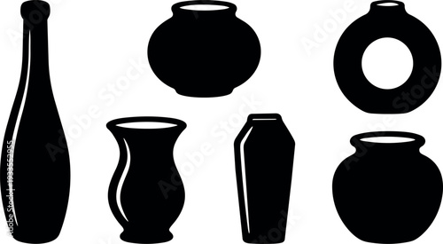 Flat design black vase and jar silhouettes side view assorted shapes minimalist vector art collection six pieces varying necks profiles