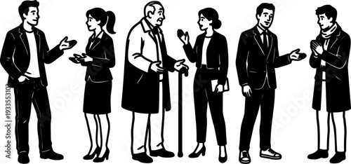 Line art vector illustration six people conversing standing in groups business casual gestures side view monochrome holding cane notebook friendly