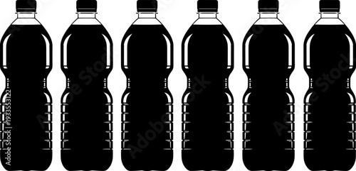Plastic water bottle silhouettes collection, reusable beverage container vector illustration set, black and white packaging icons for drink branding, retail, sustainability design