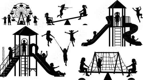 Playground Equipment and Children Black Silhouettes Set, Kids Playing Vector Collection, Swing, Slide, See-saw, Merry-go-round, Park Activity Illustration