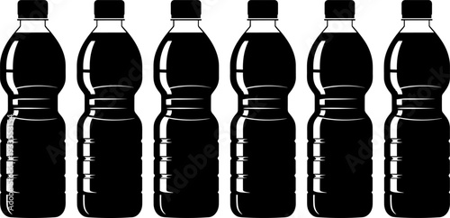Plastic water bottle set vector illustration, reusable drink bottles silhouette collection for beverage packaging, hydration concept, isolated black design on white background