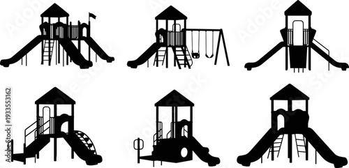 Playground equipment silhouettes collection, children outdoor play structures, slides and swings vector icons set, black amusement park elements illustration