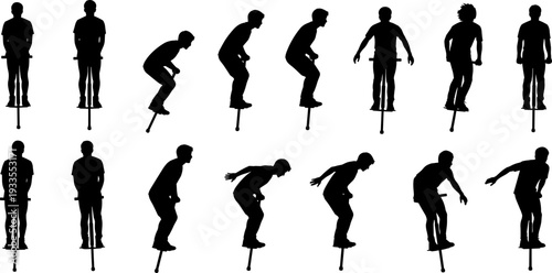 Pogo stick jumping silhouette sequence vector illustration, extreme sport action poses, male rider balance and motion stages, isolated black icons set