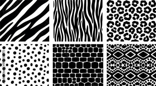 Flat design seamless animal pattern set six panels zebra tiger leopard dalmatian giraffe snake textures bold black and white repeatable