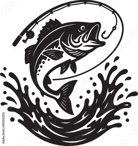 Vintage black and white drawing of a bass fish jumping for a fishing hook