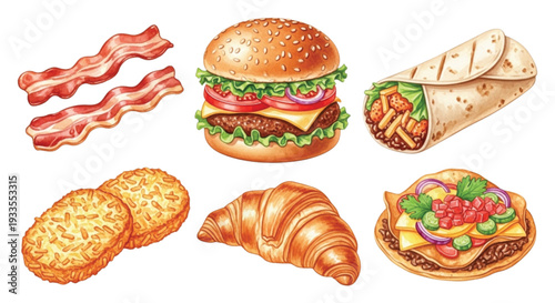 Watercolor Fast Food Set with Burger Bacon Wrap Croissant Hash Browns and Taco
