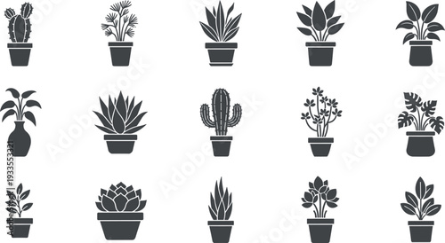 Potted plant silhouette icon collection, indoor houseplants succulents and cactus varieties, minimalist black vector illustration set isolated on white background for home decor design