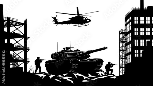 Powerful black silhouette of a heavy combat tank supported by two armed soldiers and an attack helicopter, set against a destroyed industrial urban landscape, vector graphic.