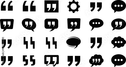Quotation marks and speech bubble icons set vector illustration, black dialogue symbols collection, messaging communication elements, typography punctuation graphic design pack