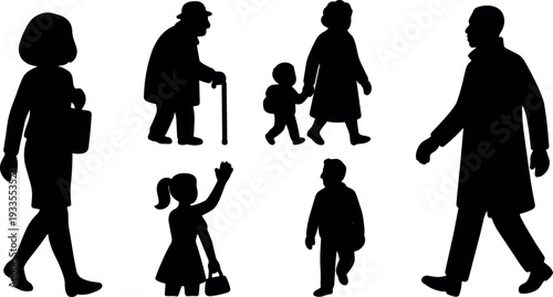 Silhouette vector design side view walking people set woman carrying bag man elderly with cane child holding hands girl waving