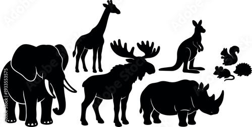 Minimalist silhouette vector group of elephant giraffe moose rhinoceros kangaroo squirrel mouse and hedgehog black shapes on white background bold