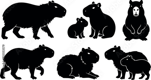 Flat silhouette capybara family composition multiple poses side view sitting walking close up minimal vector art black isolated icons studio