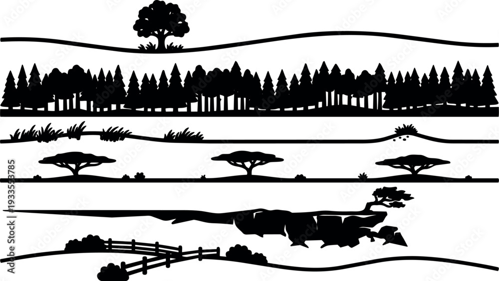 Fototapeta premium Flat design horizontal landscape border set with forest treeline savanna acacia rocky cliff fence and grassy rolling hills minimal