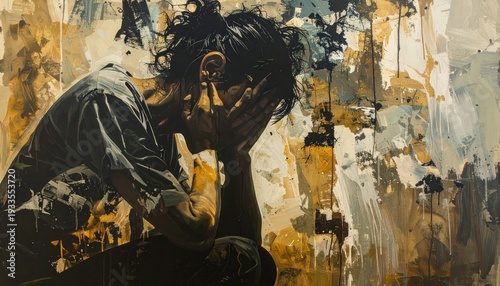 Painting of a person with head in hands, abstract backdrop, distressed pose